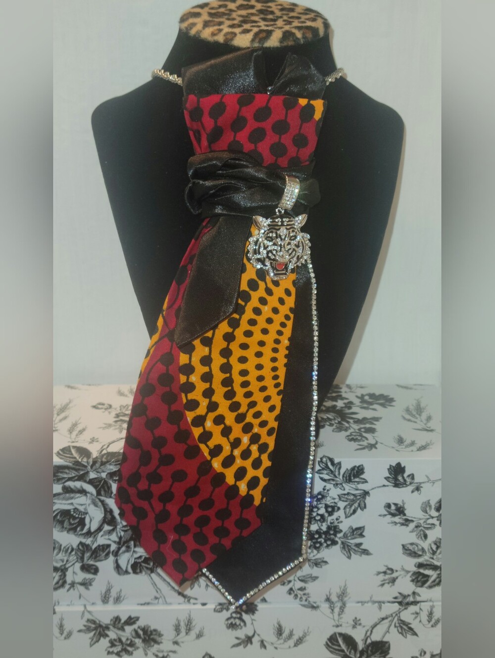 Silk-Look Black Tie Necklace with Silver Tiger Pendant